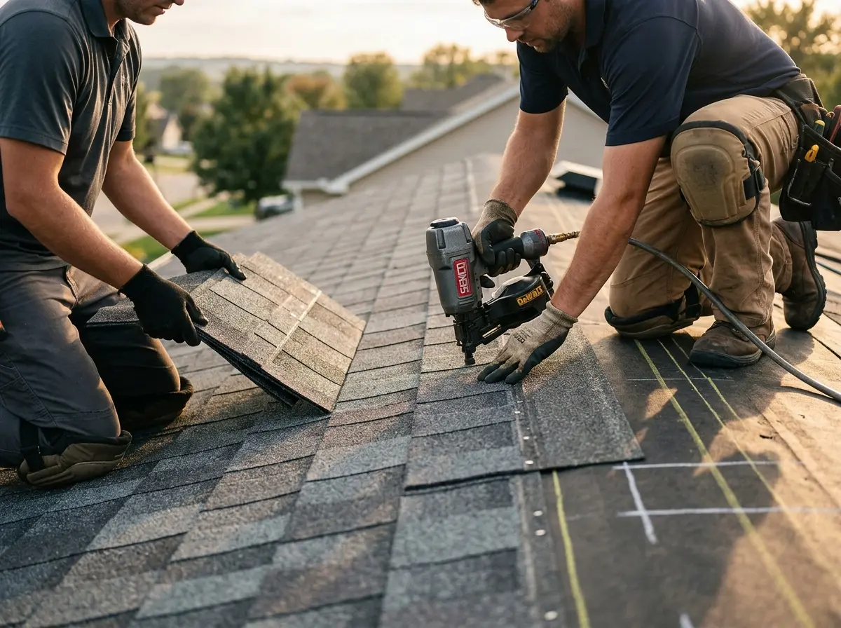 Professional roofer working on a residential roof in Bellflower